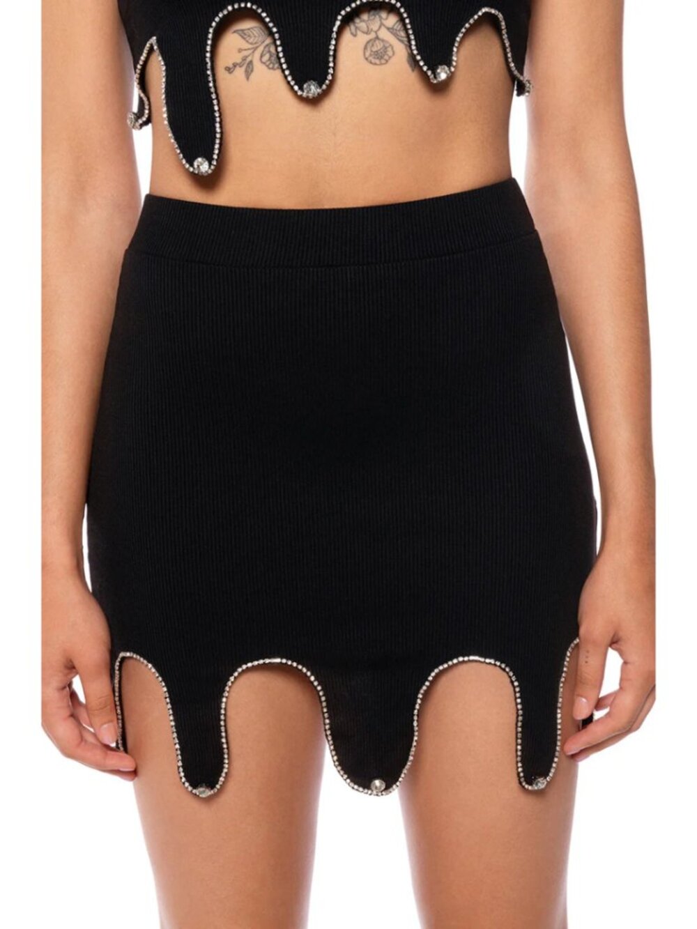 NWT Akira ICY Rhinestone Trim Black Silver Ribbed Mini Skirt Women’s Size S